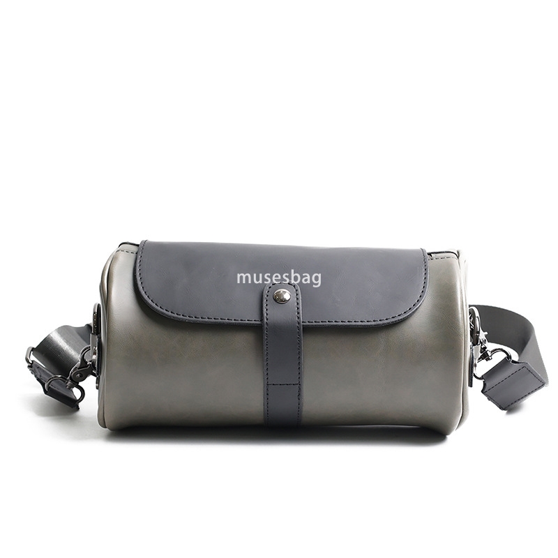 Single bag men's fashion retro large capacity cylindrical bag Crazy Horse PU leather men's single shoulder small shoulder bag crossbody bag