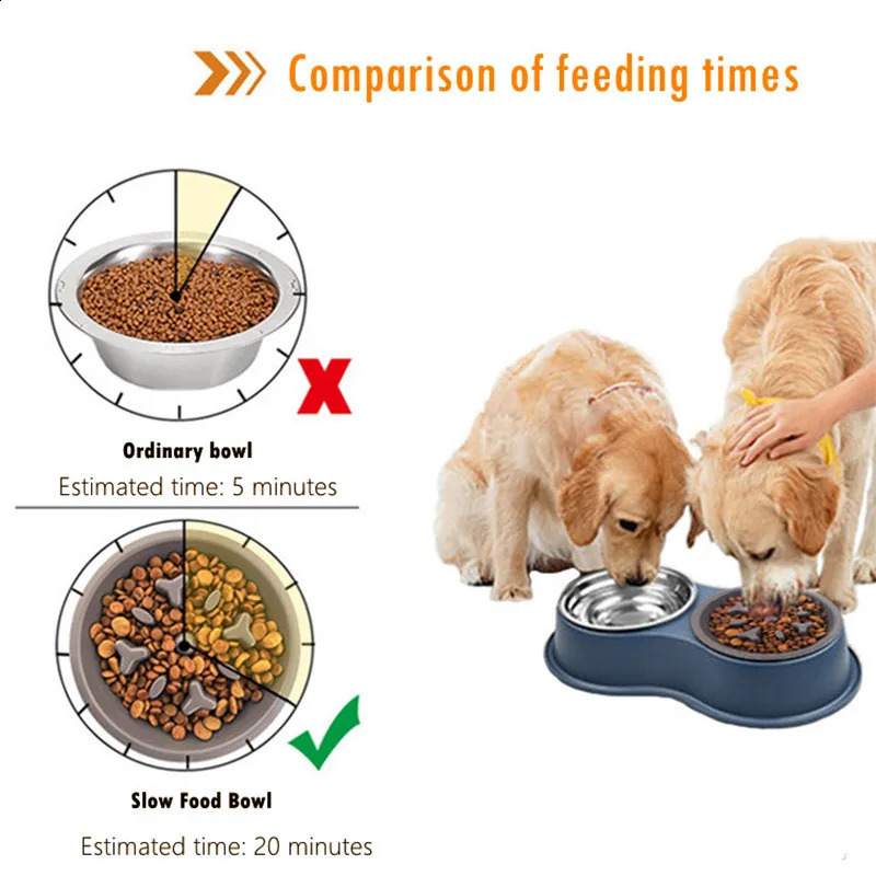 3 In 1 Triple Dog Removable Stainless Steel Pet Slower Bowl Anti-choking Food Water Feeder For Dogs Cat Accessories 240802 26W0330