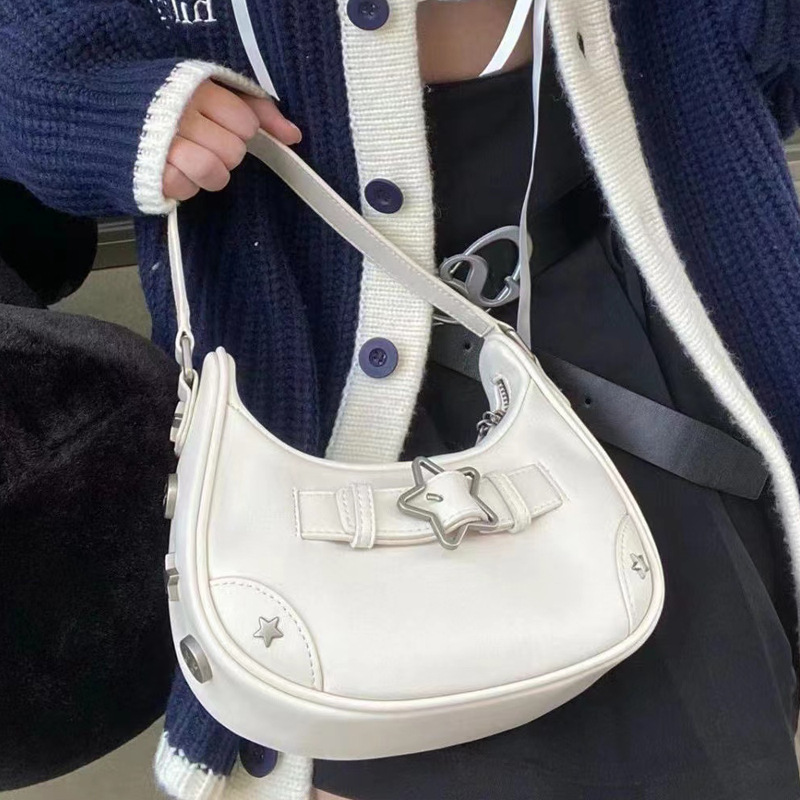 Vintage Star Handbags for Women Fashion Hobos Shoulder Underarm Bag Ladies Crescent-shaped Pu Leather Armpit Purses Y2k Cool Bag