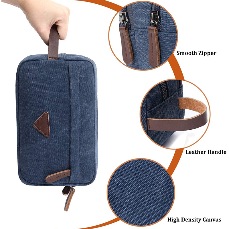 Mens Travel Toiletry Wash Bag Big Capacity Canvas Leather Cosmetic Makeup Organizer Shaving Dopp Kits with Double Compartments