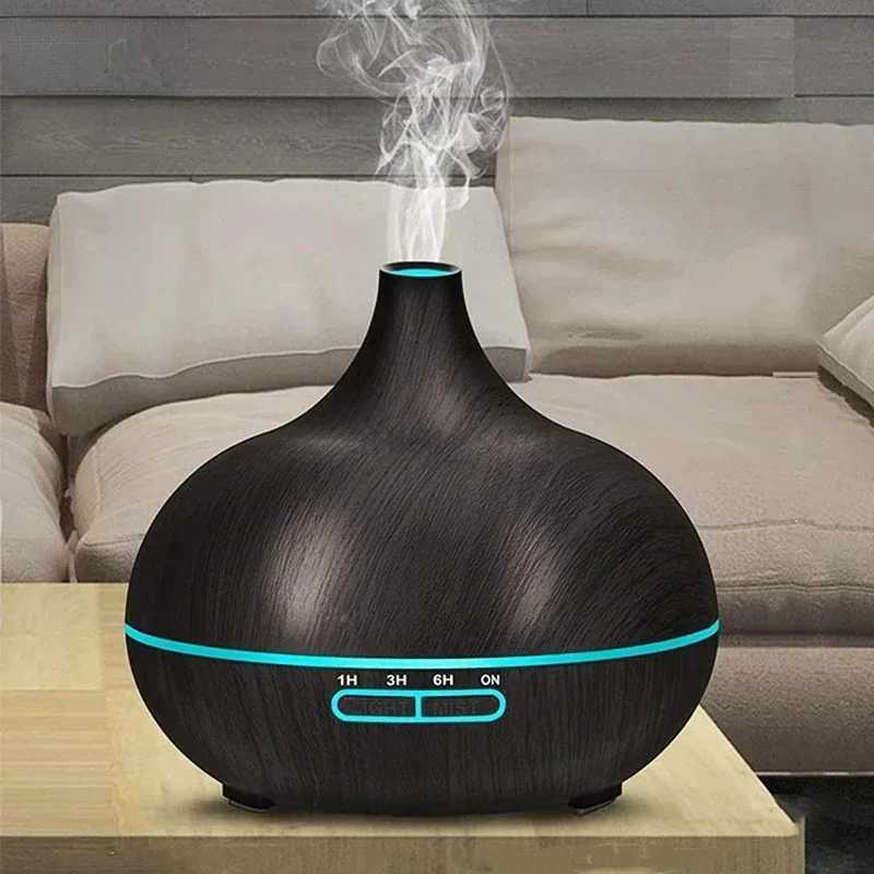 500ml Air Humidifier Aromatherapy Essential Oil Diffuser Wood Grain Ultrasonic Remote Control 7 Color Lights For Home Bedroom Y240806