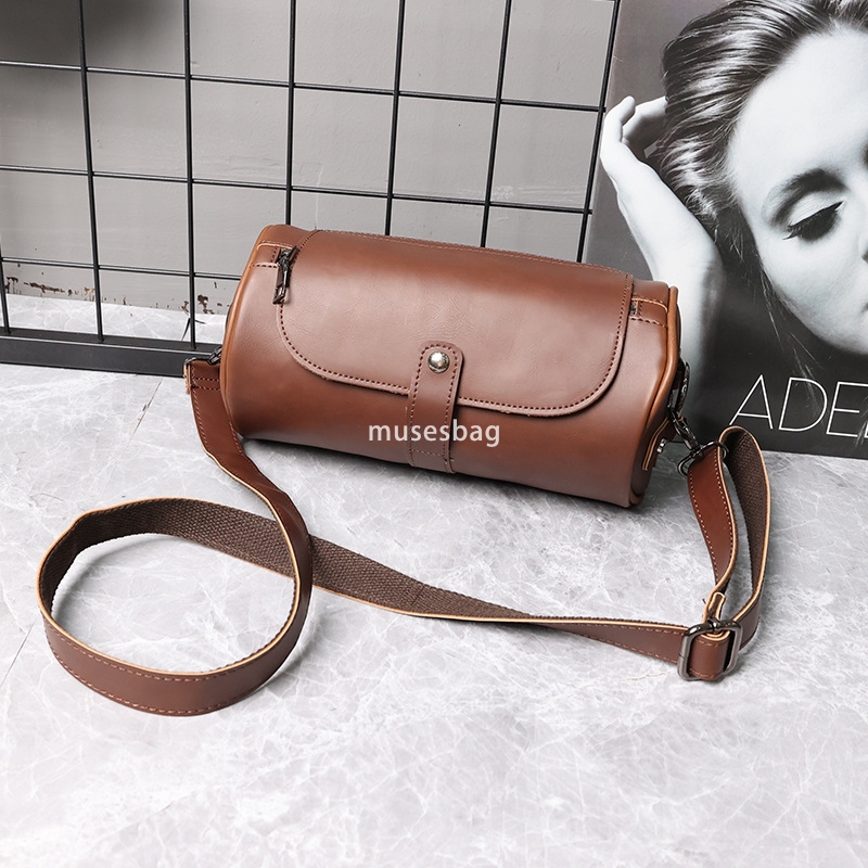 Single bag men's fashion retro large capacity cylindrical bag Crazy Horse PU leather men's single shoulder small shoulder bag crossbody bag