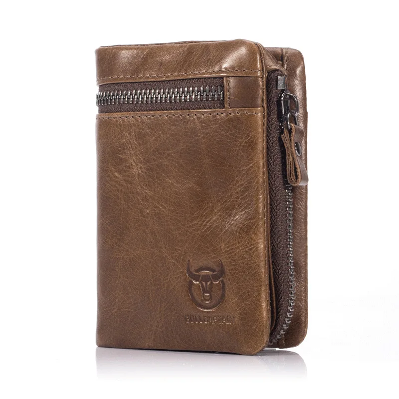 BULLCAPTAIN 2025 MEN Coffee Cow Leather Wallet Coin Pocket Money Purse Bag Card Holder Short Trifold Hasp Zipper Wallet