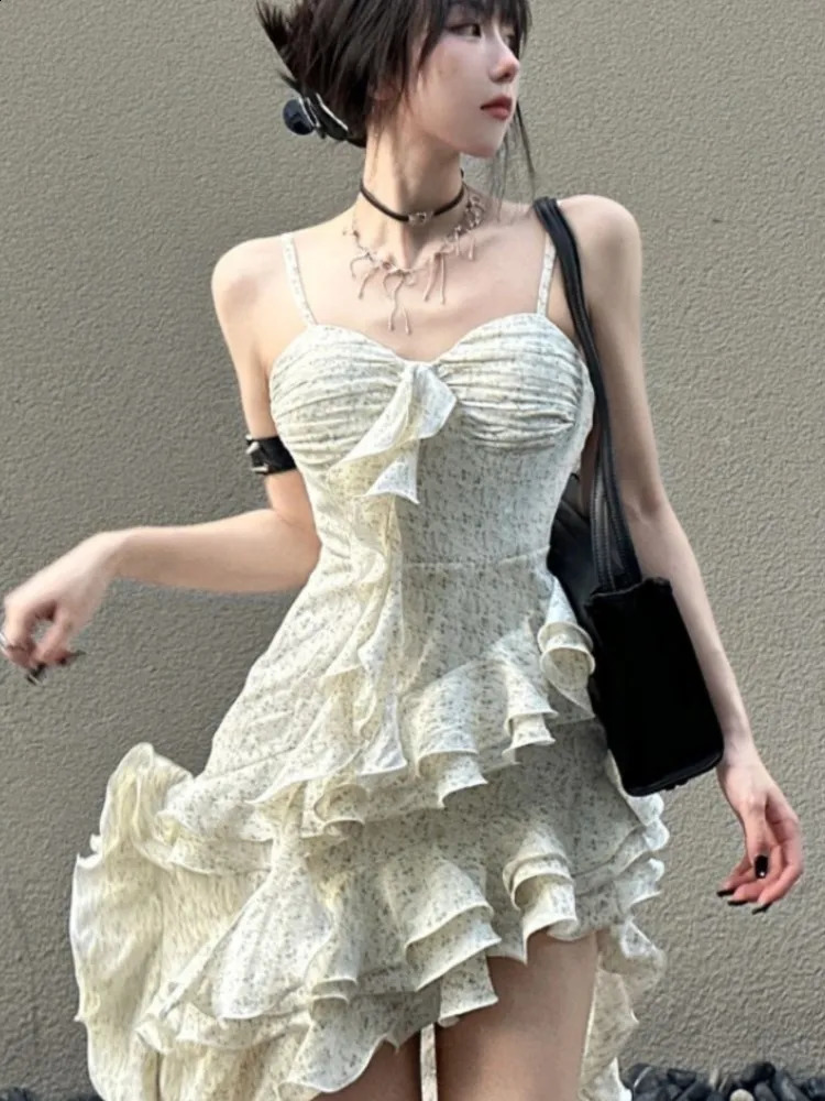 Y2k Spaghetti Strap Irregular Dress Women Layered Ruffles Slim Sexy Party Dress Spring Prom Robe Wedding Vestidos Mujer