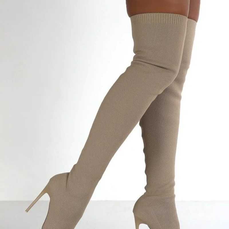 High Quality 20 Womens Socks Knee Over Bun Boots Long Sleeve Fabric High Heels Sneakers Pointed Toe Wan Lg Boots Size 36-43 T241206