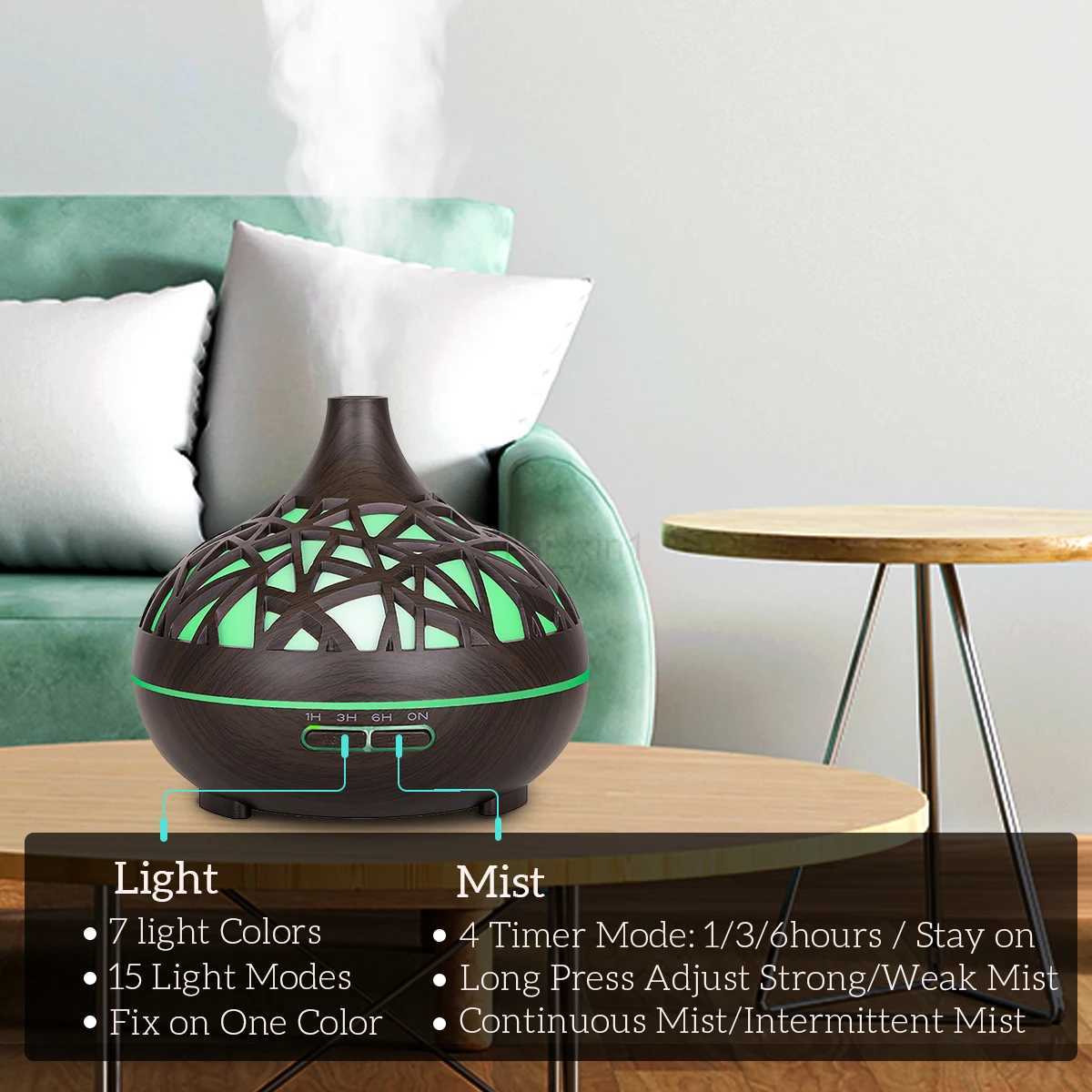 Humidifier Aromatherapy Essential Oil Diffuser Hollow Wood Grain Remote Control Ultrasonic Air Humidifier Cool with 7 Color LED Y240806
