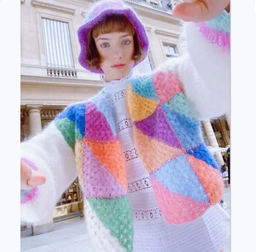 Vintage Contrast Stripe Cropped Cardigan Lantern Sleeve Loose Rainbow Knitted Tops Coat Women Fashion Sweater Street Wear 240802