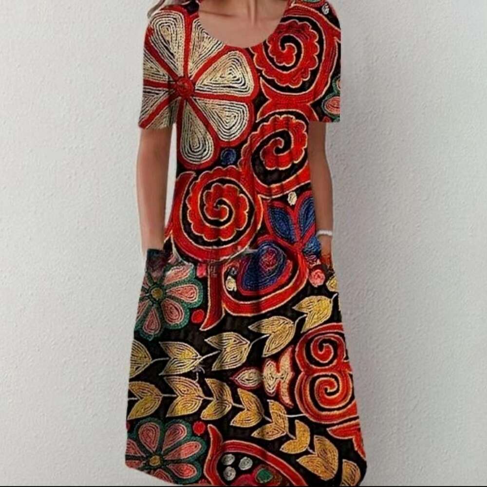 2024 Temu New Fashion Round Neck Short Sleeve Large Printed Long Dress Women Temperament Self-cultivation Bifurcated Loose BOHO DRESS High Waist Dress