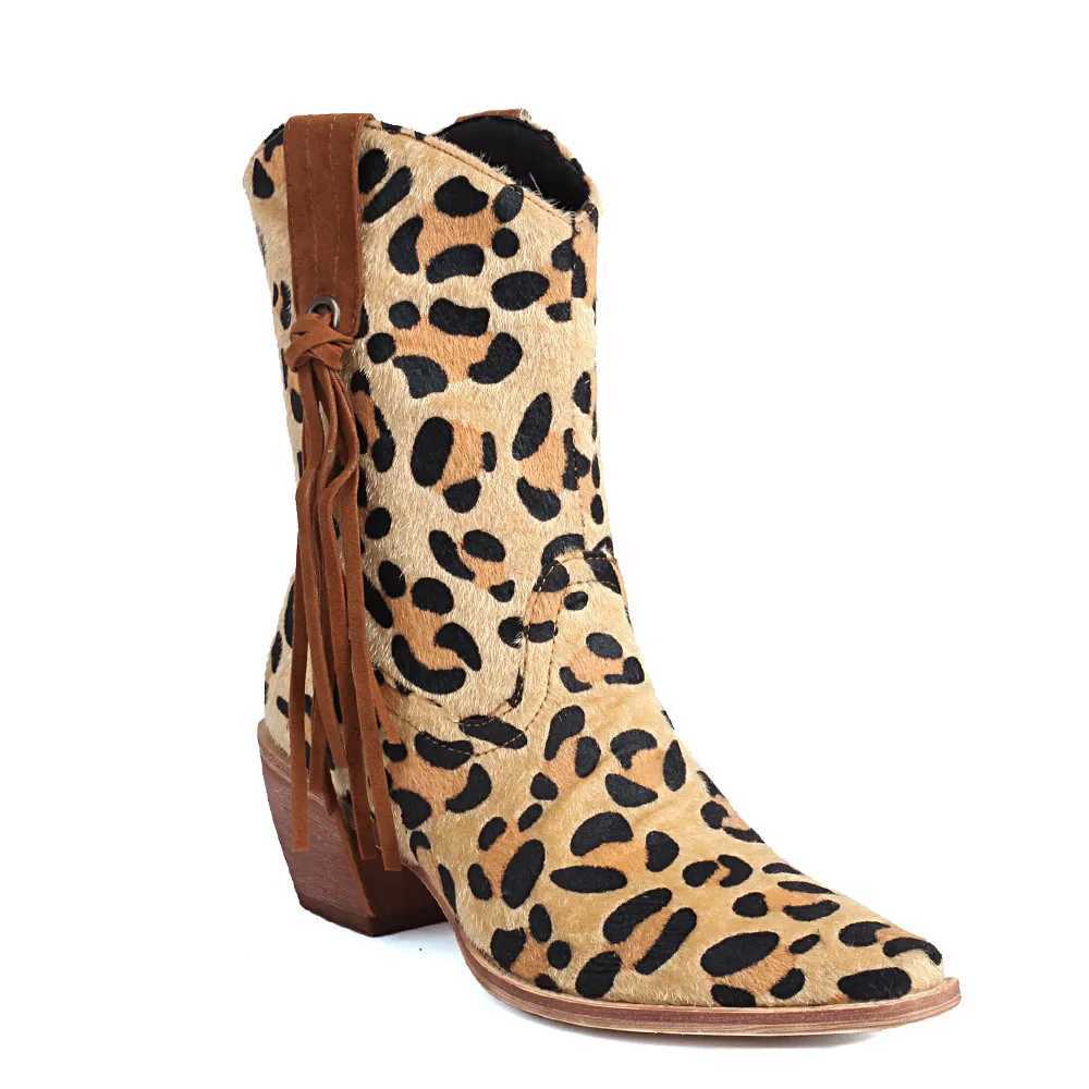Brand new high-quality retro nodding horse head cowboy boots for women 2024 retro leopard block high heels and sneakers in large size 43 CL240906