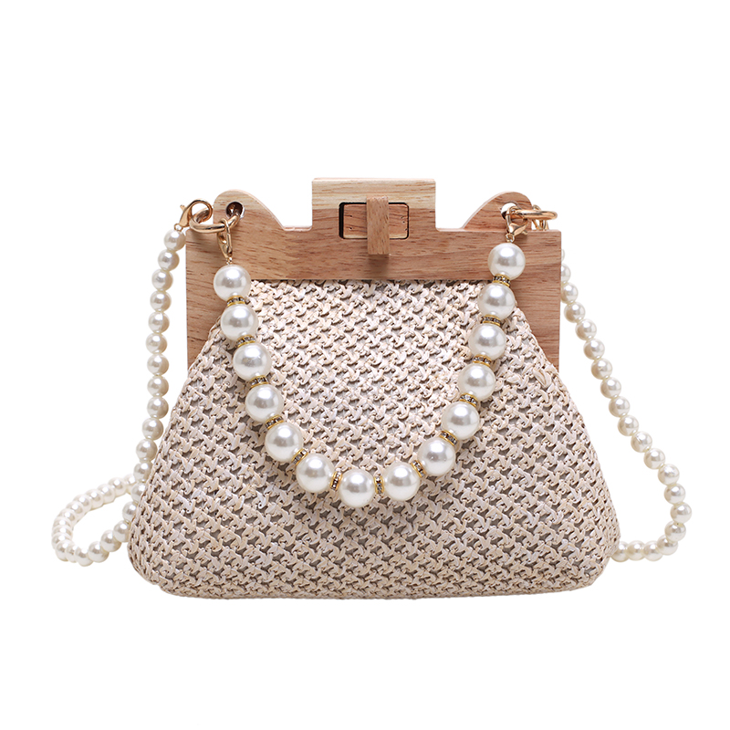Straw Wooden Lock Hand Bags Woman Pearl Crossbody Bag Fashion Purses and Handbags Luxury Designer Shoulder Bag Large Clutch Bag