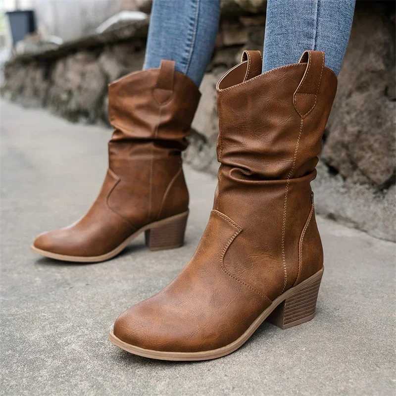 Womens Western style denim boots womens Plested ankle boots Pu leather shoes autumn boots womens boots womens Plus size 42 CL240907