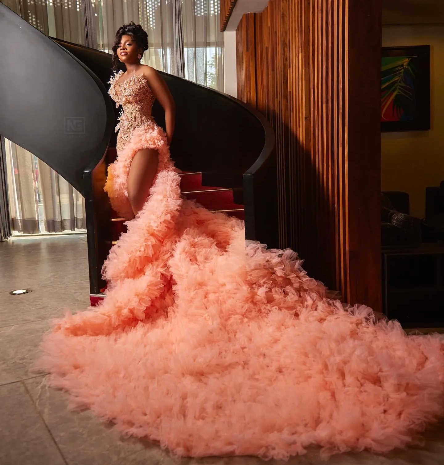 Pink Aso Ebi Mermaid Sheer Slit Pearls Prom Dresses Ruffled Formal Party Second Reception Birthday Engagement Evening Gowns Dresses Robe De Soiree