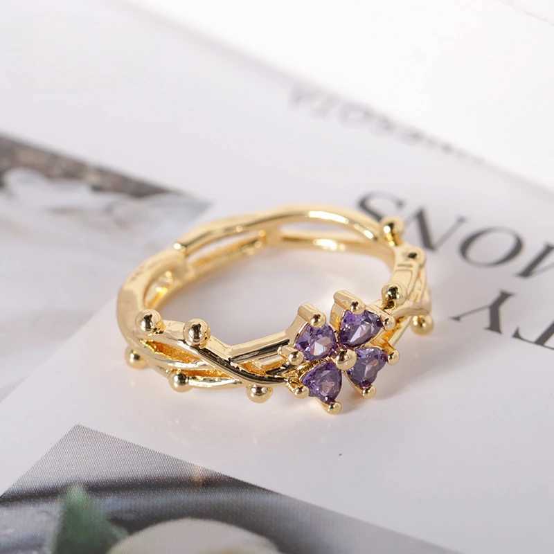 Cute and romantic purple zirconia flower adjustable ring suitable for women new charm gold stainless steel finger jewelry gift W240802
