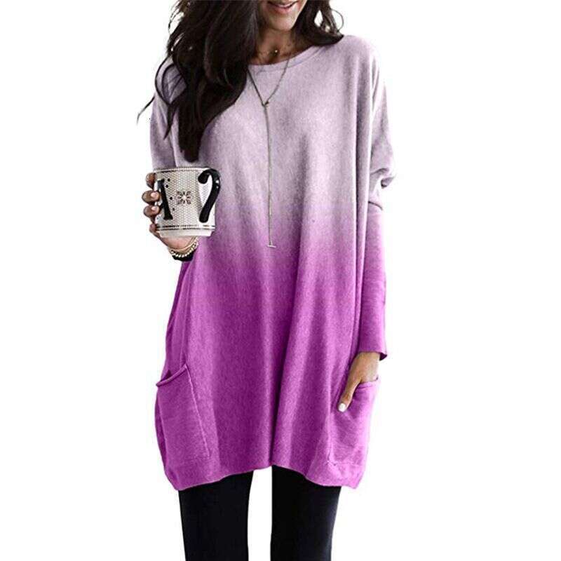 2024 Gradient Long Sleeved Casual Pocket T-shirt Top for Women Fishtail Dress Long Summer Dress Waist Novelty Loose Sexy Bifurcated Round Neck Dress L