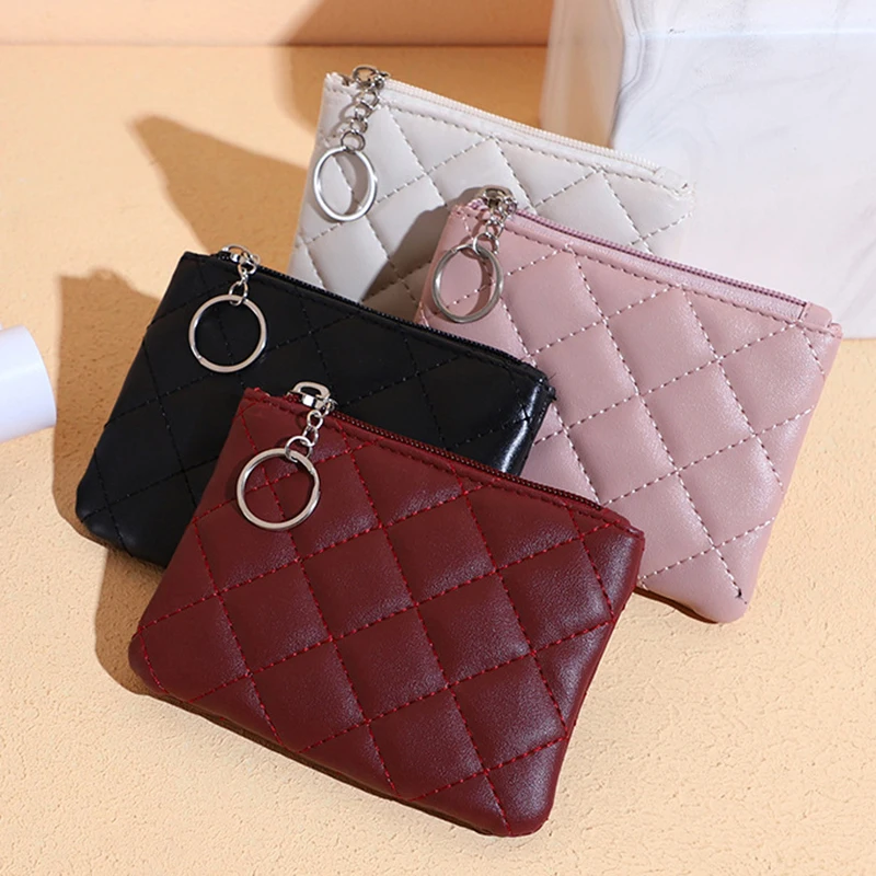 Women Key Chain Coin Purse Leather Zipper Wallet Fashion Small Purse Money Bag Lady Solid Color Clutch Change Pouch Coin Purse