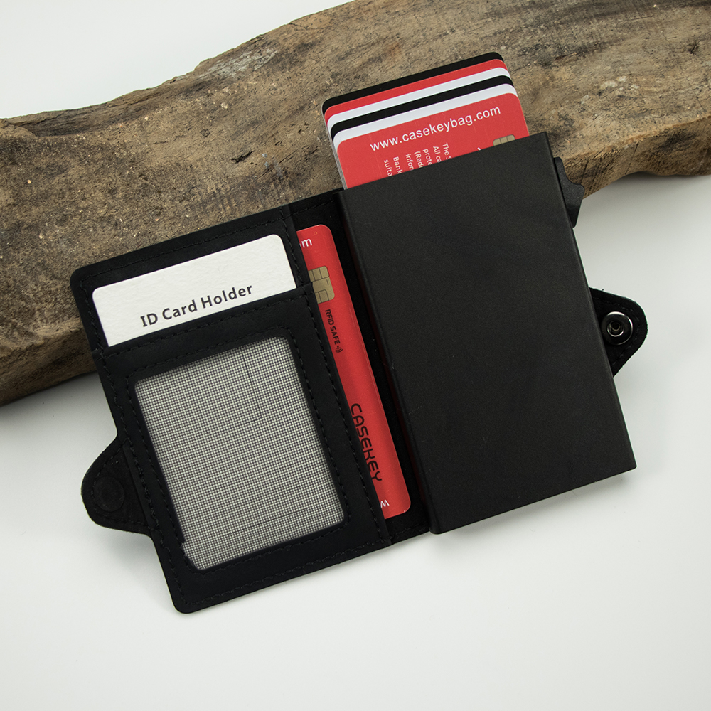 Casekey PU Carbon Fiber Leather Minimalist Wallet RFID Safe Auto-eject Metal Aluminum Pop Up Card Holder for Best Christmas Gift