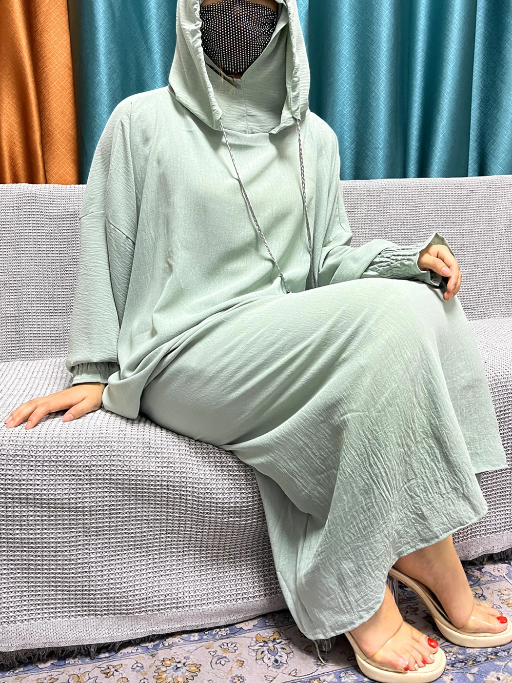 2024 Muslim Cotton Long sleeved Prayer Two piece Hooded Abayas For Women Solid Color Loose Femme Robe African Dubai Islam Dress 240802