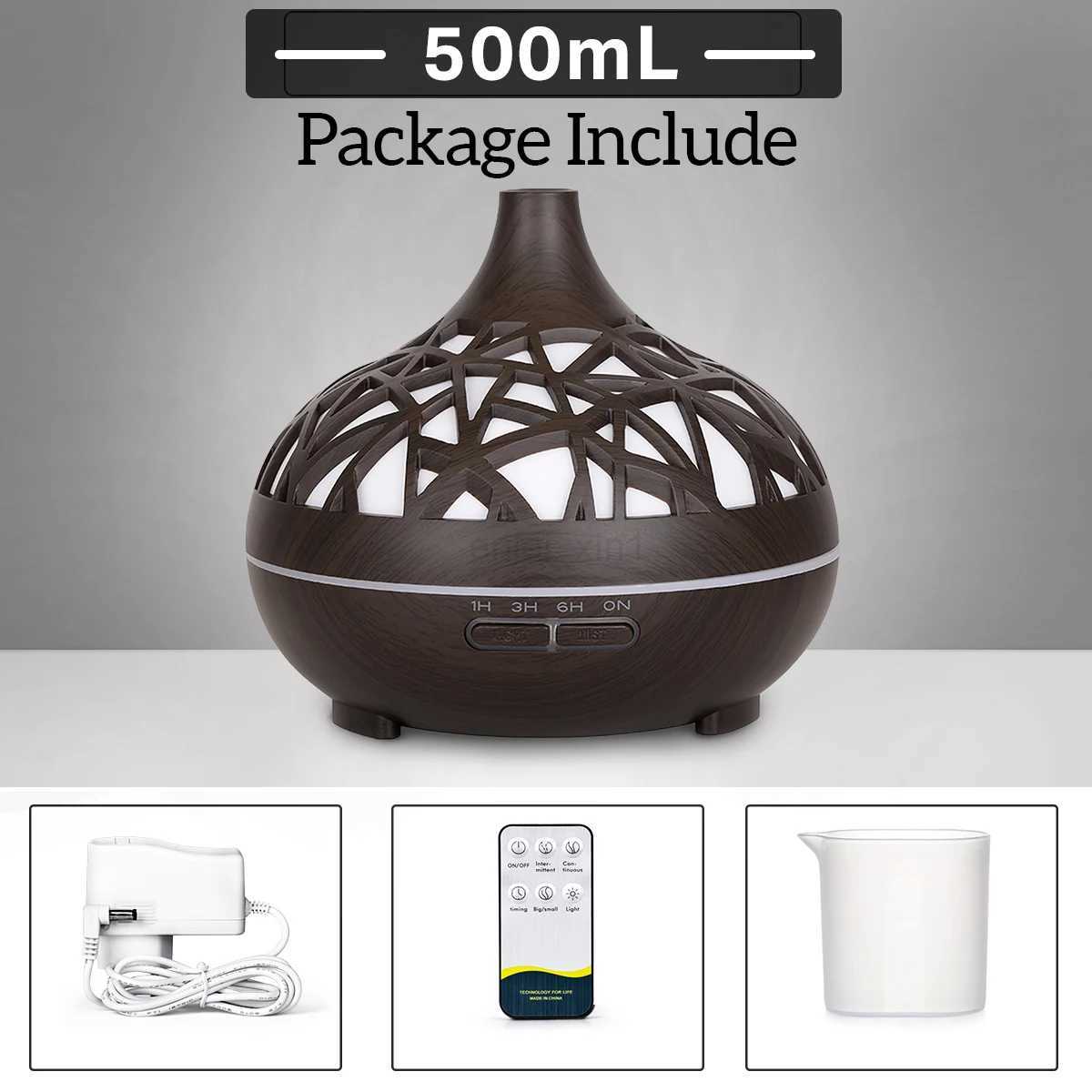Humidifier Aromatherapy Essential Oil Diffuser Hollow Wood Grain Remote Control Ultrasonic Air Humidifier Cool with 7 Color LED Y240806