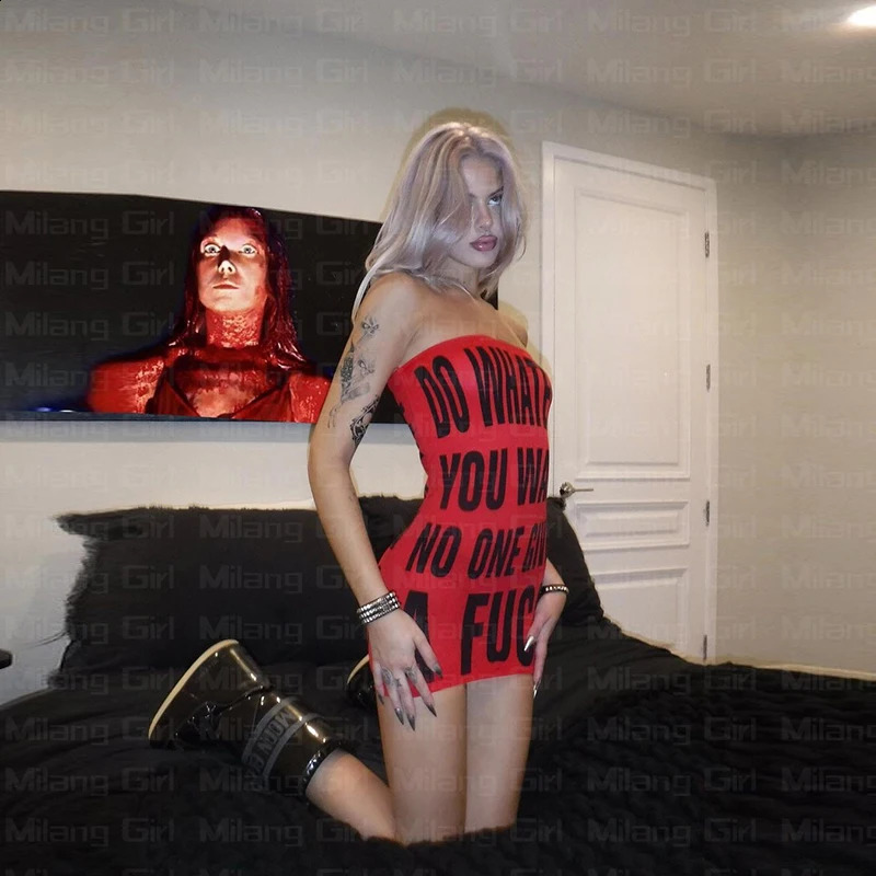 Red Dress Letter Slogan Printed Bodycon Y2k Clubwear Sexy Trendy Tube Top Mini Dresses Summer Clothes for Women Fashion Sexy 240802