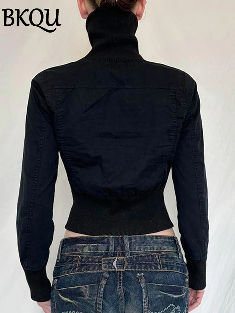 BKQU Autumn Cropped Jackets Women Vintage Slim Stand Collar Zipper Short Coat Y2K Streetwear Long Sleeve Sweatshirts Outerwear 240807