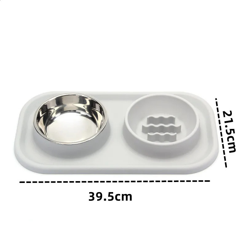 Pet Supplies Silicone Cat Anti-knockover Slow Food Plate Stainless Steel Small And Medium-sized Dog Double Bowl 240802 26W0330