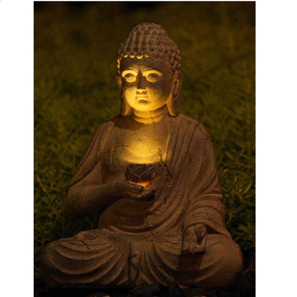 Resin Solar Buddha Statue Sculpture Garden Decor Light Zen Asian Japanese Garden Decoration Outdoor Front Porch Patio Yard Home 250411