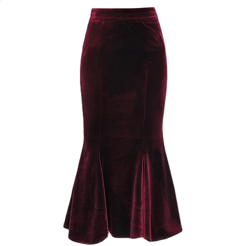 Autumn Vintage Velvet Black Maxi Long Mermaid Skirt Fashion Women Elegant Velour Skirts With Belt 240802