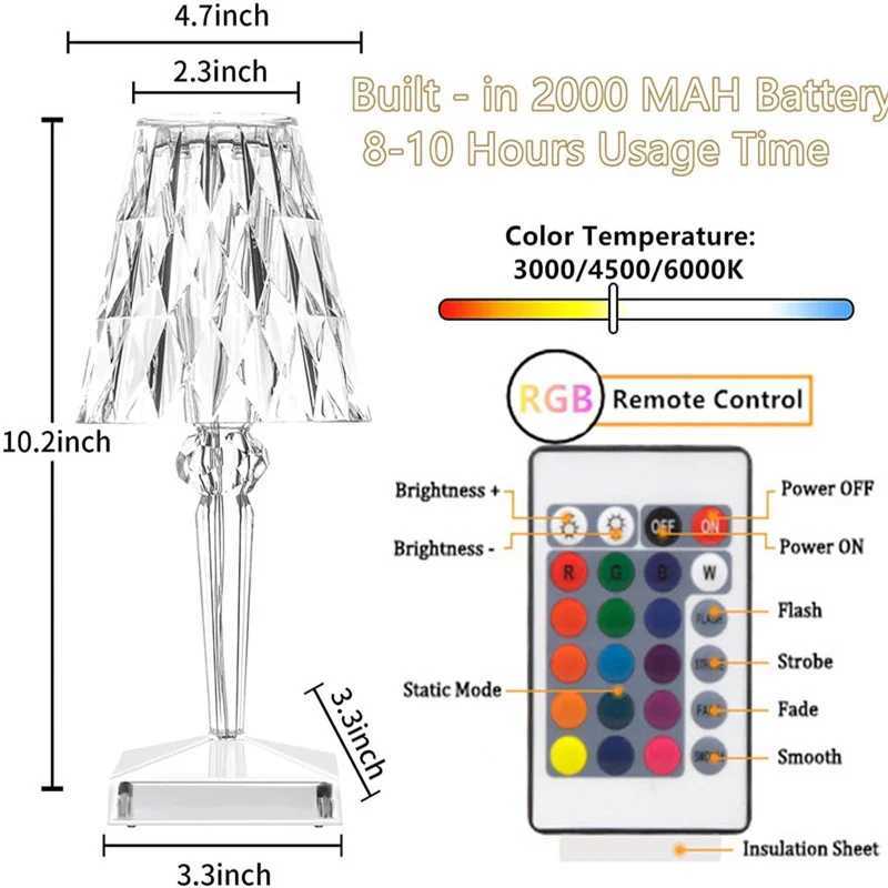 Diamond Table Lamp Touch Sensor Remote Acrylic Desk Lamps LED Crystal Decoration Night Light For Bedroom Bedside Decor LightingKL240731