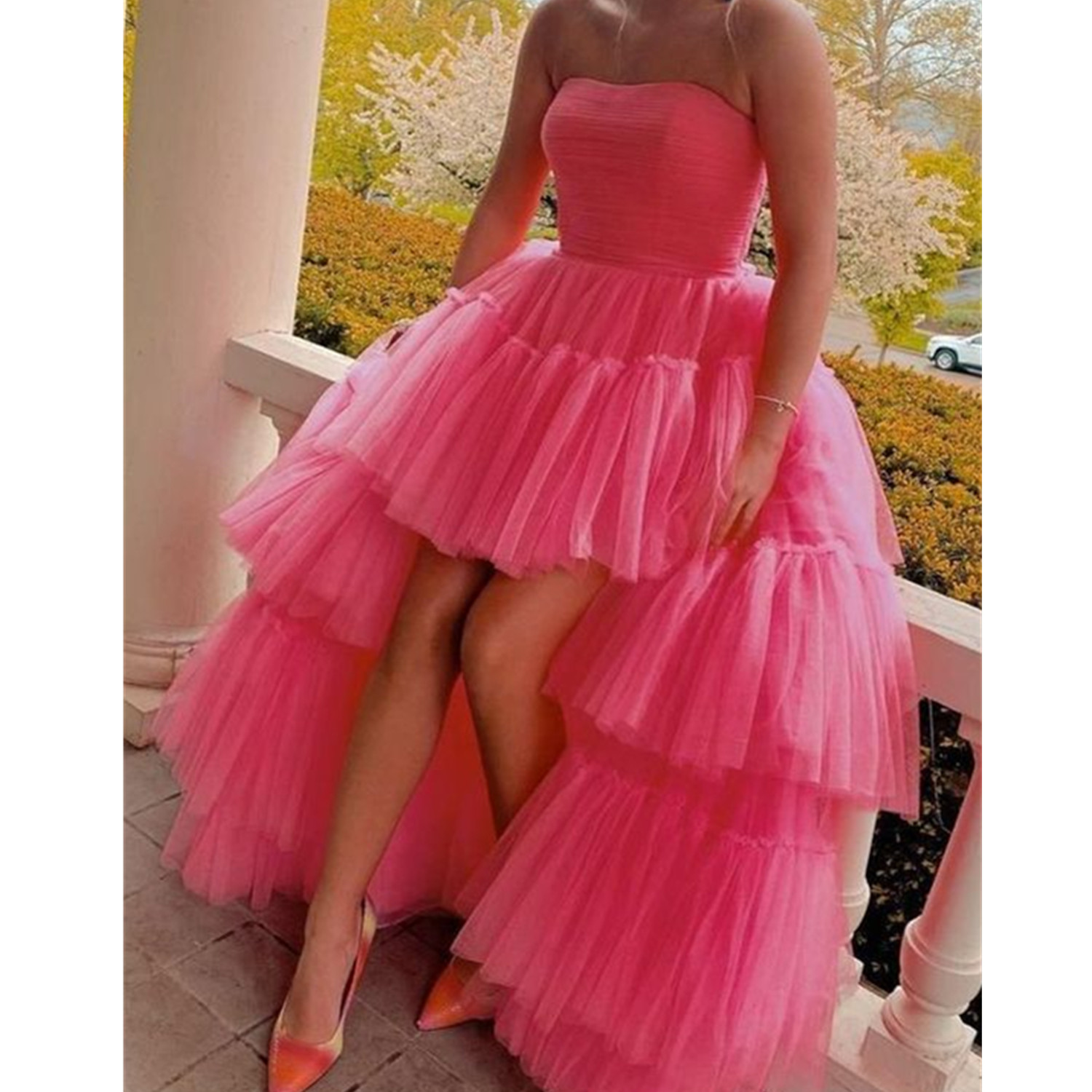 Hot Pink High Low Prom Dresses Strapless Ruffles Special Formal Party Gowns for Women Custom Evening Gowns Cocktail Party Dress Homecoming Gowns Custo