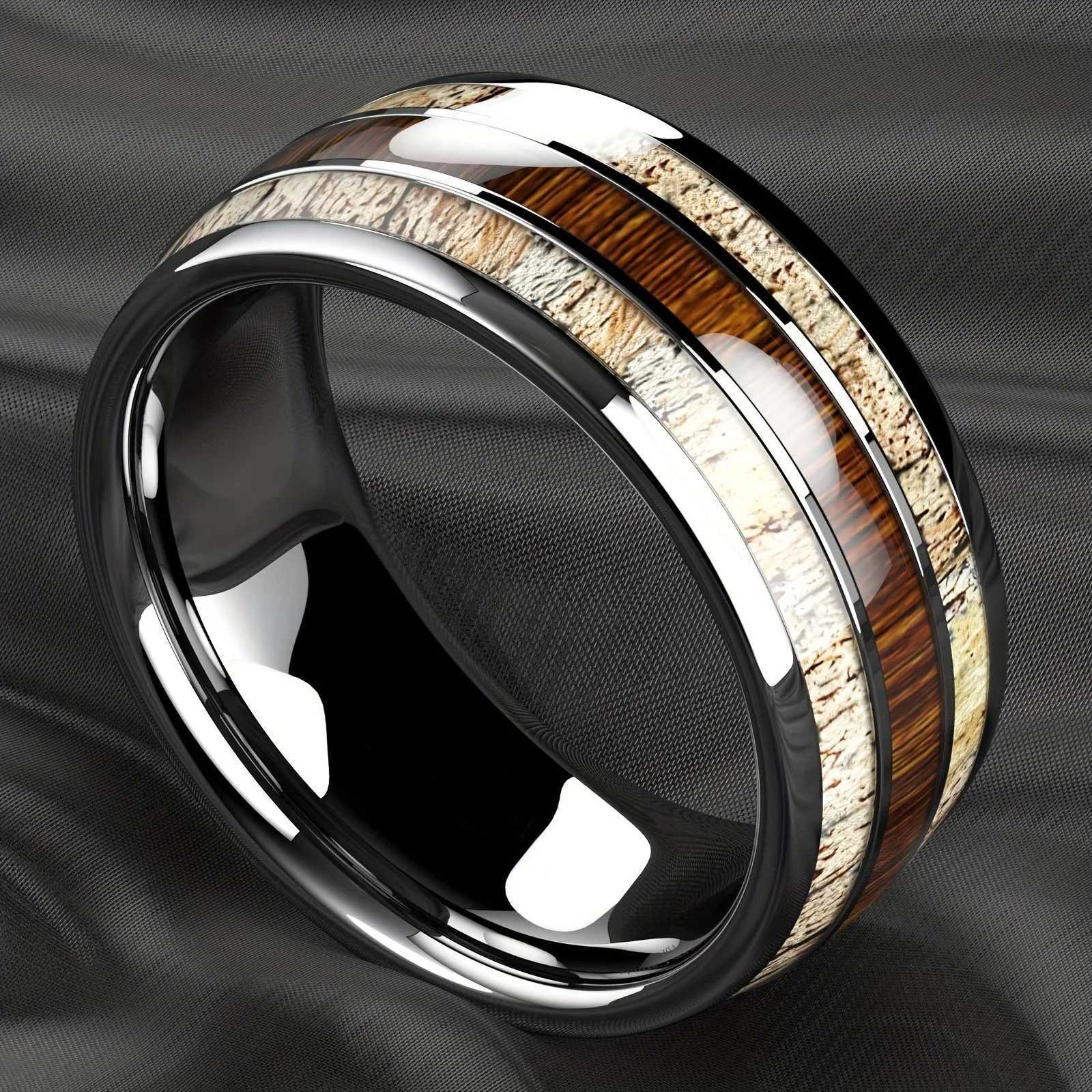 Fashion silver mens stainless steel ring Koa Wood Deer Antler inlaid dome engagement ring womens wedding jewelry W240802