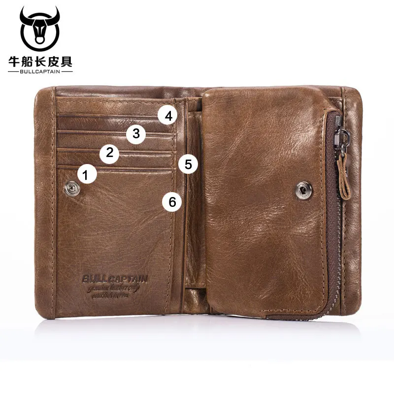 BULLCAPTAIN 2025 MEN Coffee Cow Leather Wallet Coin Pocket Money Purse Bag Card Holder Short Trifold Hasp Zipper Wallet