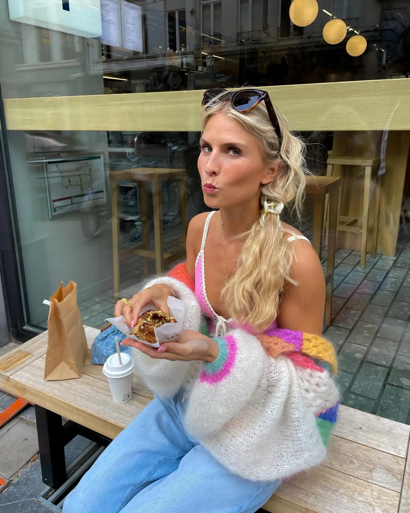Vintage Contrast Stripe Cropped Cardigan Lantern Sleeve Loose Rainbow Knitted Tops Coat Women Fashion Sweater Street Wear 240802