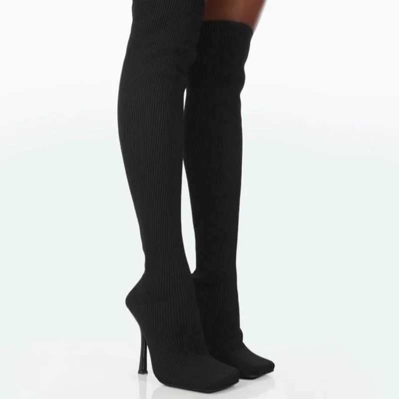 High Quality Knitted elastic knee high boots square toe slim high heels sliding boots winter shoes party dresses sexy Ccise T241206