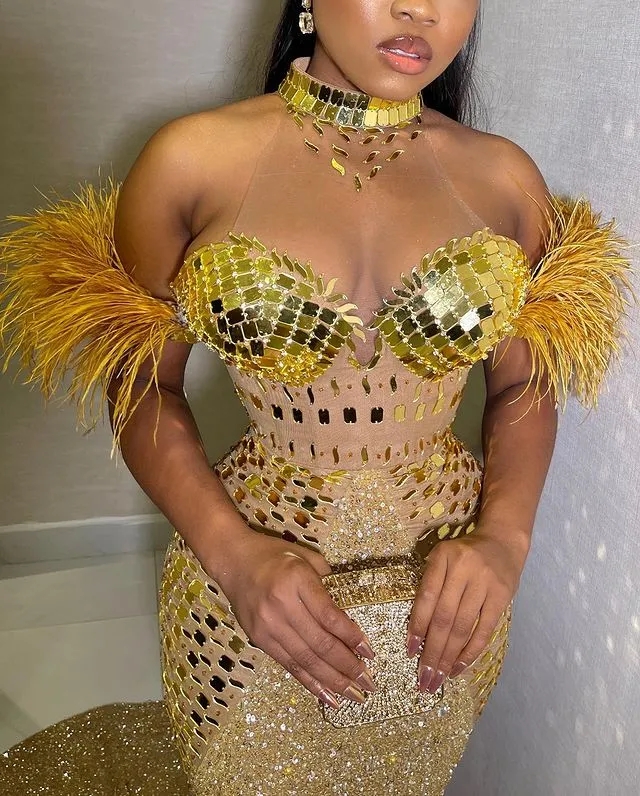 Gold Aso Ebi Mermaid Halter Sequins Crystals Prom Formal Party Second Reception Birthday Engagement Evening Gowns Dresses Robe De Soiree