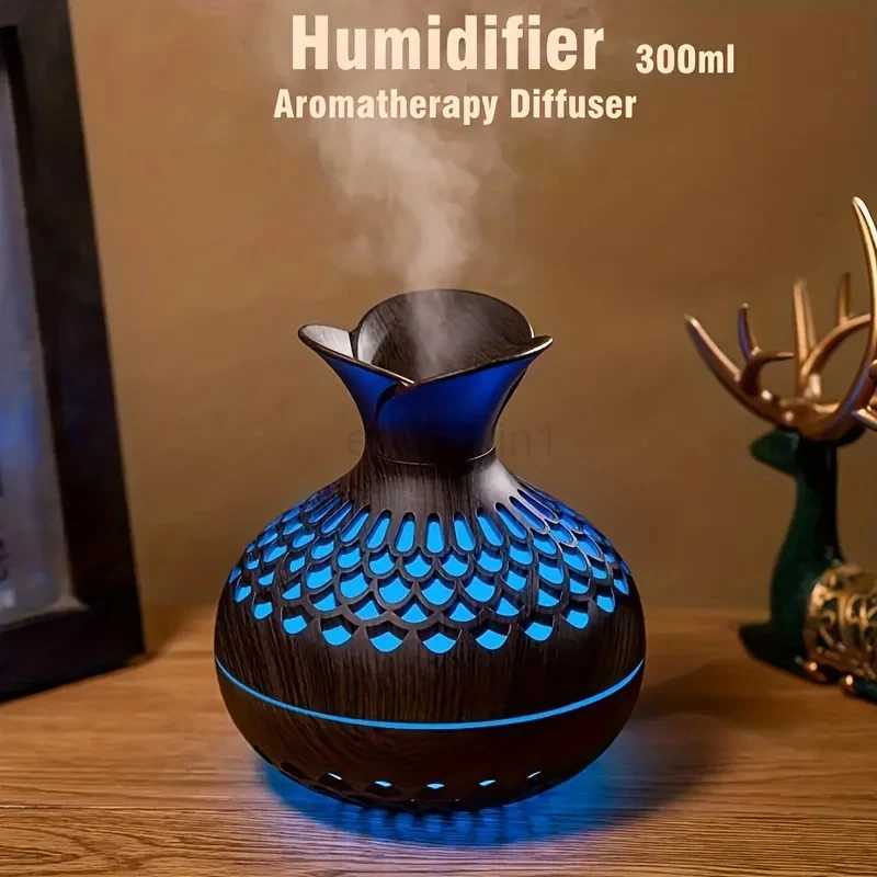 300ml Wooden Vase Colorful Light Cool Mist Humidifier Aromatherapy Oil Diffuser Usb Mini Air Humidificador Y240806