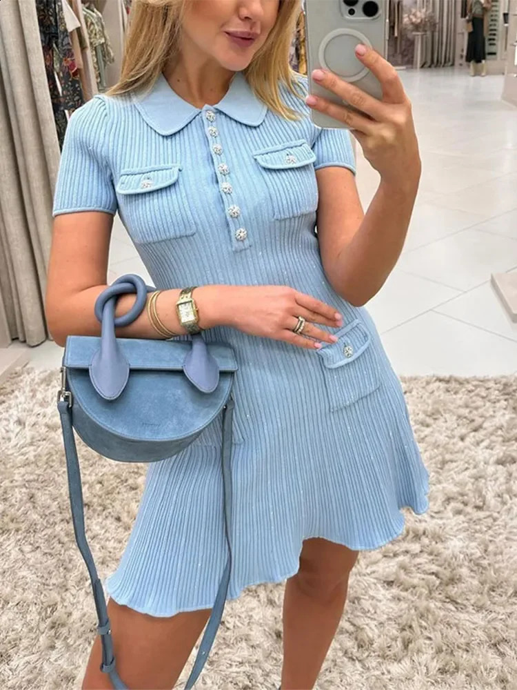 Fashion Solid Slim Ruffles Hem Knitted Mini Dress Women Chic Lapel Short Sleeves Shinny Short Dresses Autumn Lady Wear 240802
