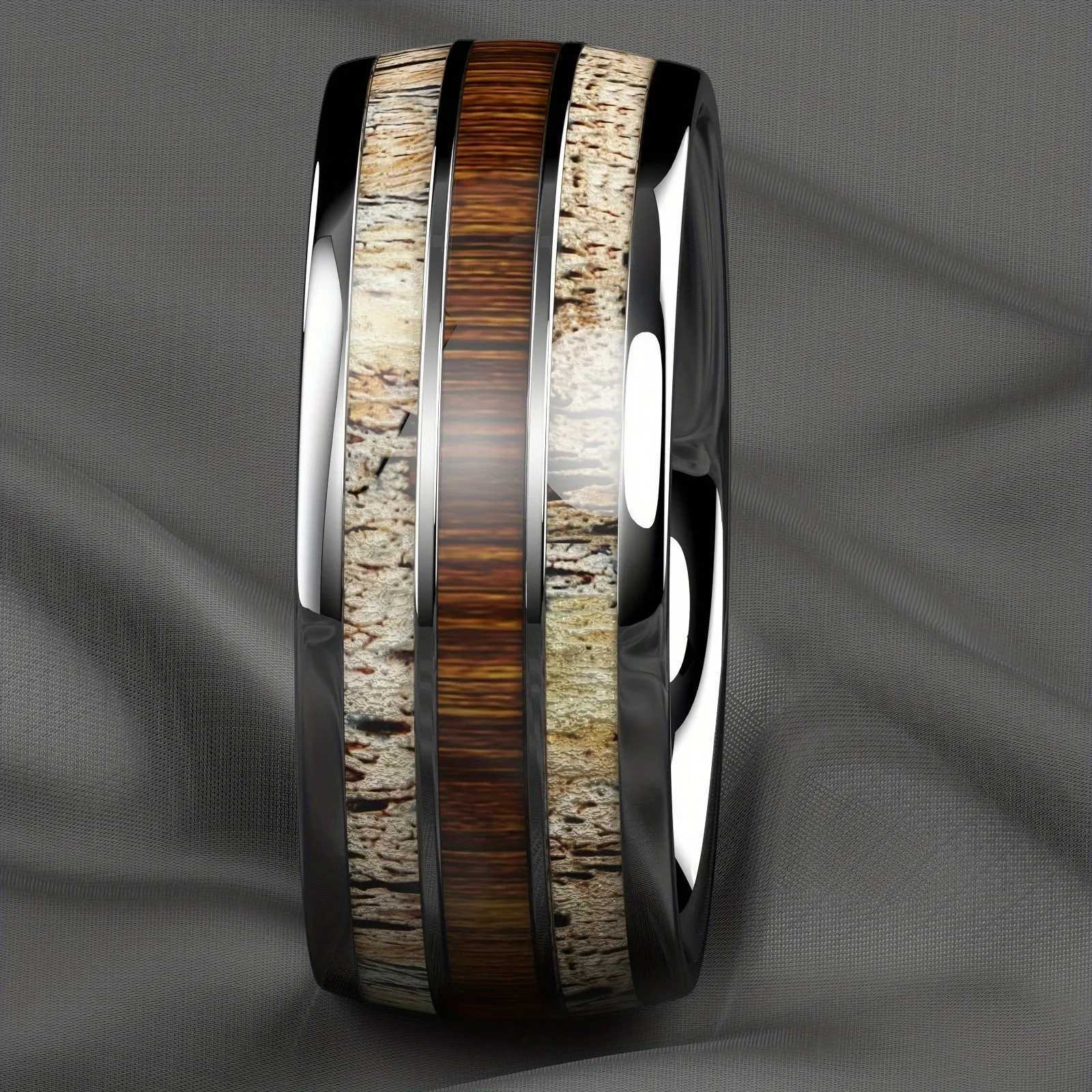 Fashion silver mens stainless steel ring Koa Wood Deer Antler inlaid dome engagement ring womens wedding jewelry W240802