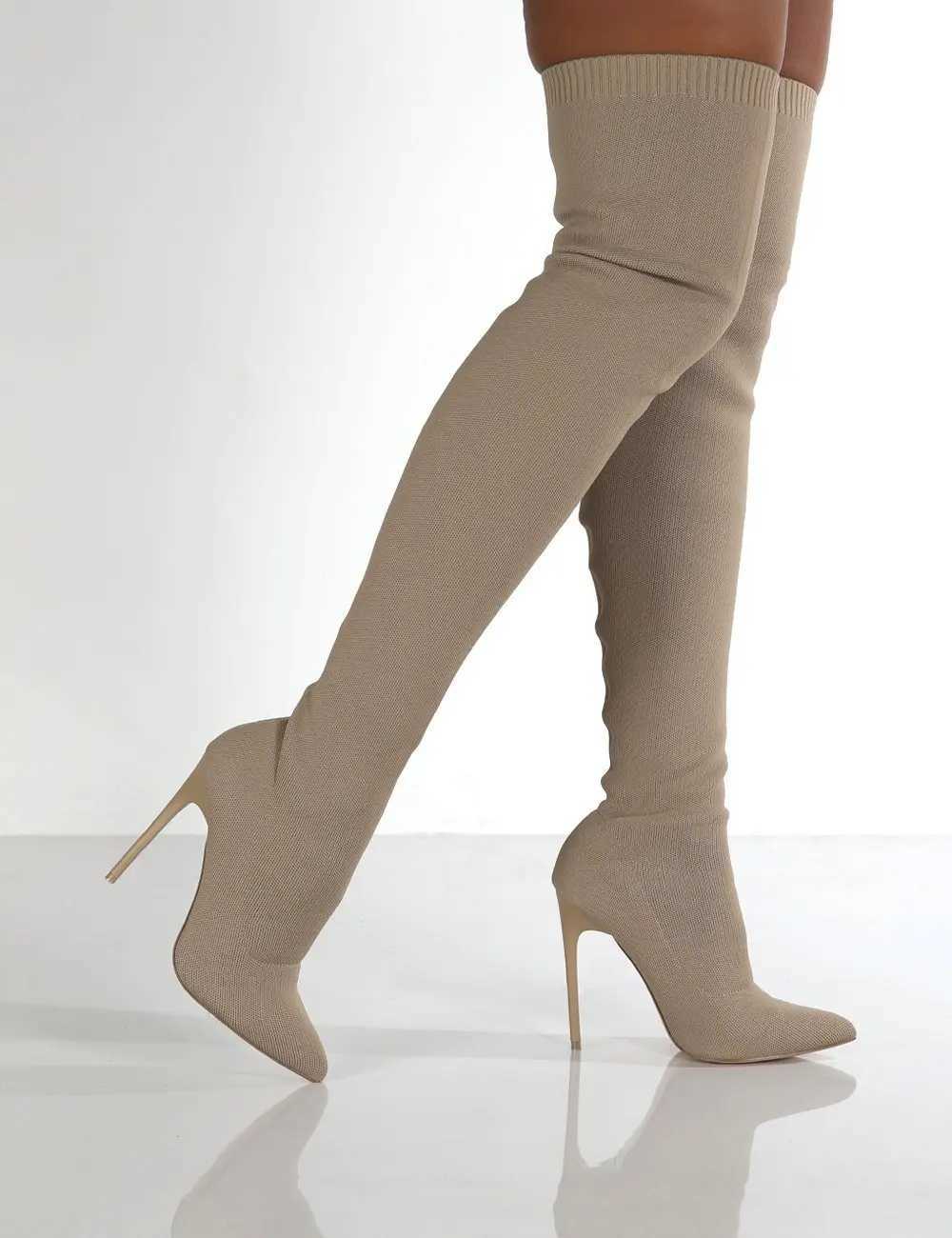 High Quality 20 Womens Socks Knee Over Bun Boots Long Sleeve Fabric High Heels Sneakers Pointed Toe Wan Lg Boots Size 36-43 T241206