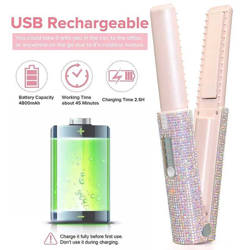 2-In-1 Electric USB Straightener Curler Fashion Color Dia Design Wireless Travel Straightening Styg Brush W240803