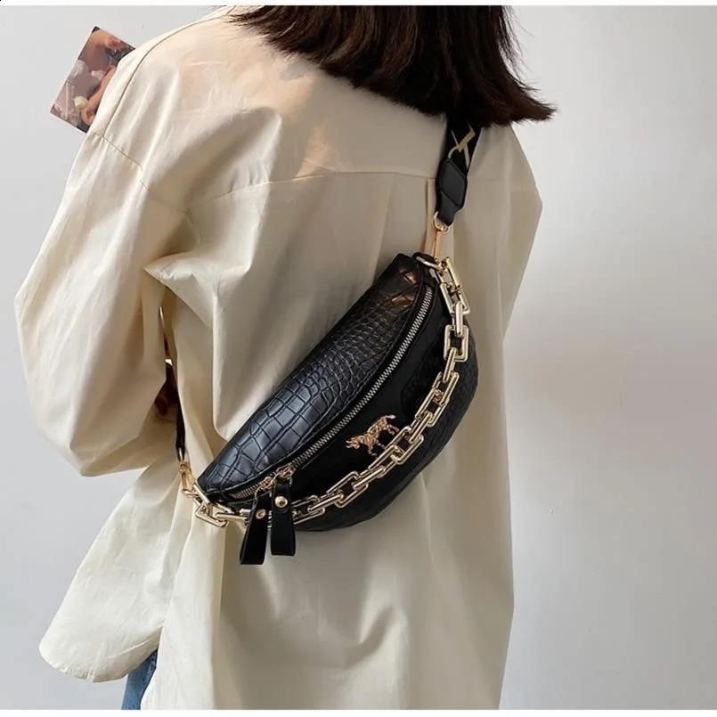 Korean Style Womens Waist Bag Thick Chain Fanny Pack Shoulder Black Crossbody Chest Bags Female Belt Bag PU Casual Shoulder Bag 240802
