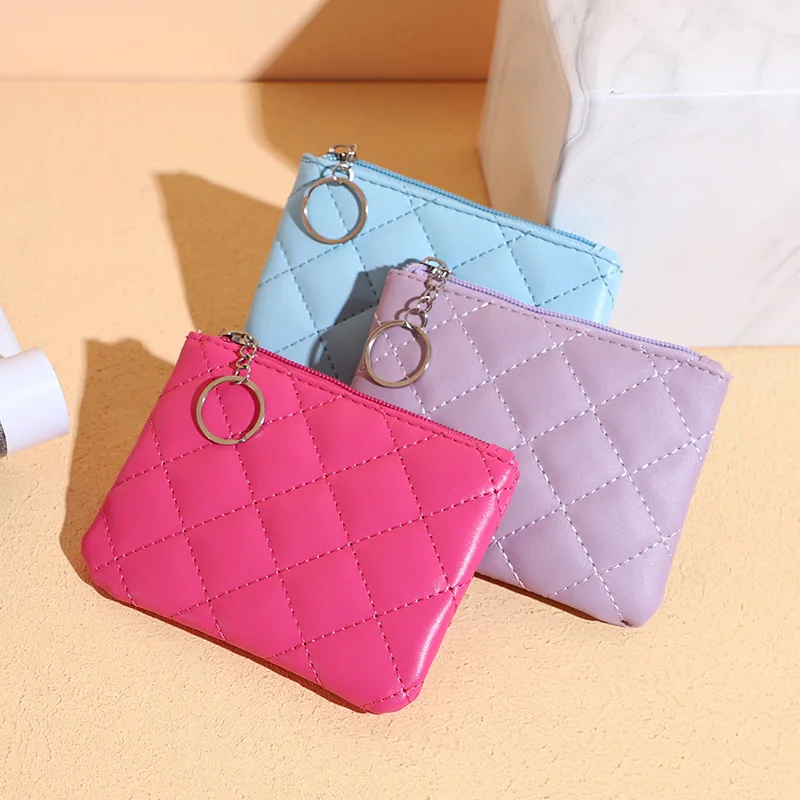 Women Key Chain Coin Purse Leather Zipper Wallet Fashion Small Purse Money Bag Lady Solid Color Clutch Change Pouch Coin Purse