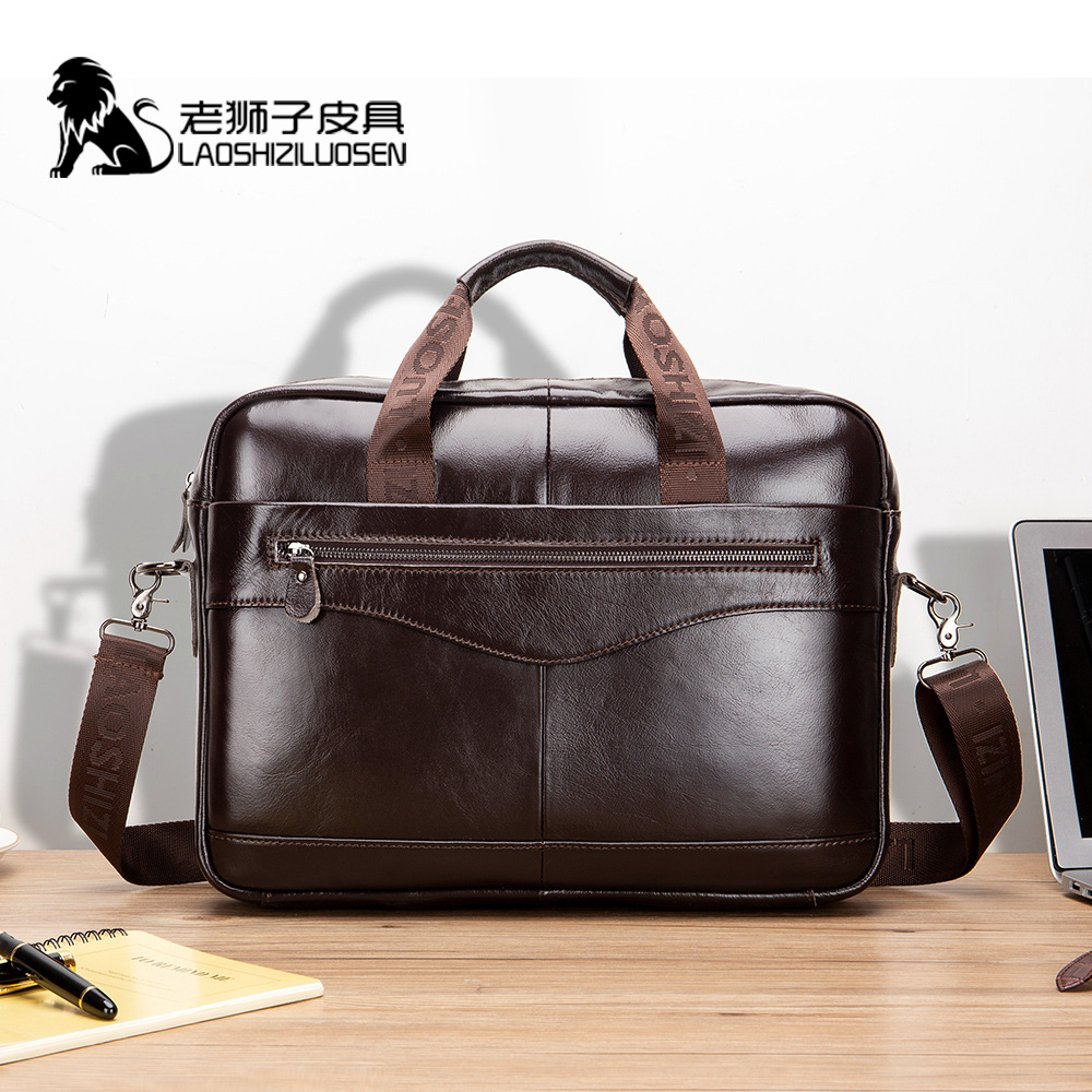 LAOSHIZI NEW Men's Briefcase Male Genuine Leather Men Bags Messenger Bag Leather Laptop Bag for Men Computer/ Document Bags