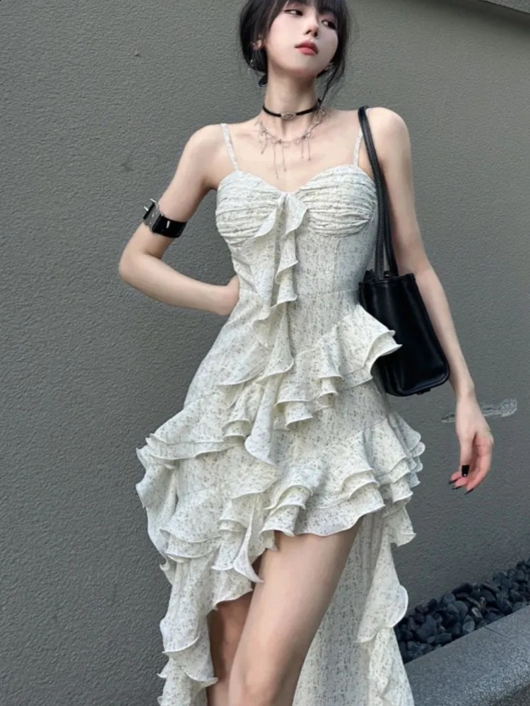 Y2k Spaghetti Strap Irregular Dress Women Layered Ruffles Slim Sexy Party Dress Spring Prom Robe Wedding Vestidos Mujer