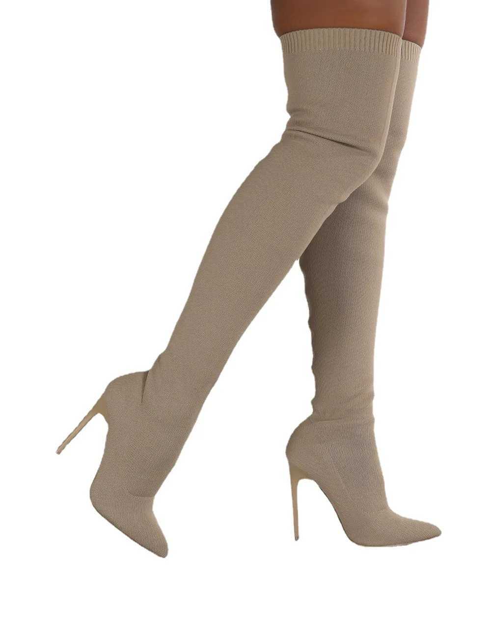 High Quality 20 Womens Socks Knee Over Bun Boots Long Sleeve Fabric High Heels Sneakers Pointed Toe Wan Lg Boots Size 36-43 T241206