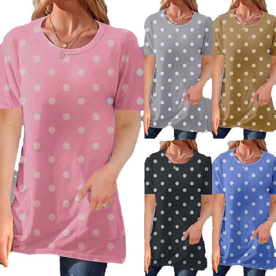 Summer Retro Fashion Slim Crop Top Casual Summer Printing Short Sleeve Turtleneck Round Neck Collar Blouse Stretch Casual Undershirt Womens T Shirt Cl