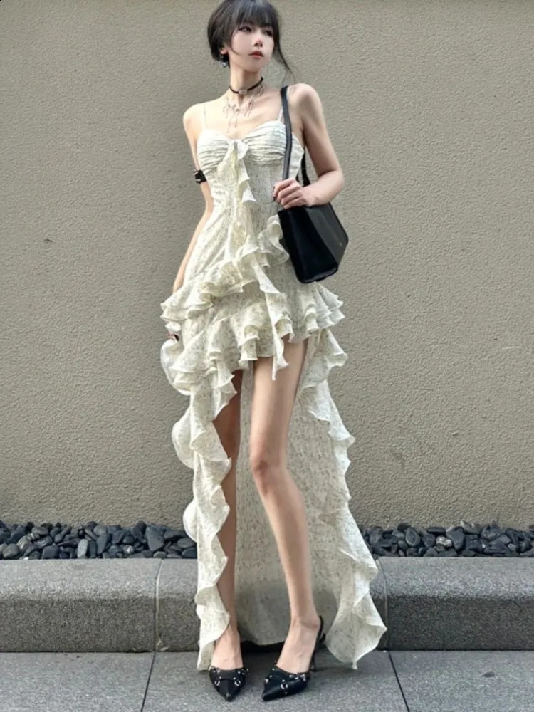 Y2k Spaghetti Strap Irregular Dress Women Layered Ruffles Slim Sexy Party Dress Spring Prom Robe Wedding Vestidos Mujer