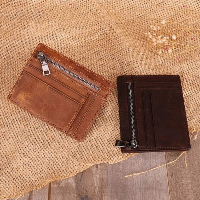 Super Slim Soft Wallet 100% Genuine Leather Mini Credit Card Wallet Zipper Purse Card Holders Men Wallet Thin Small Coin Purse