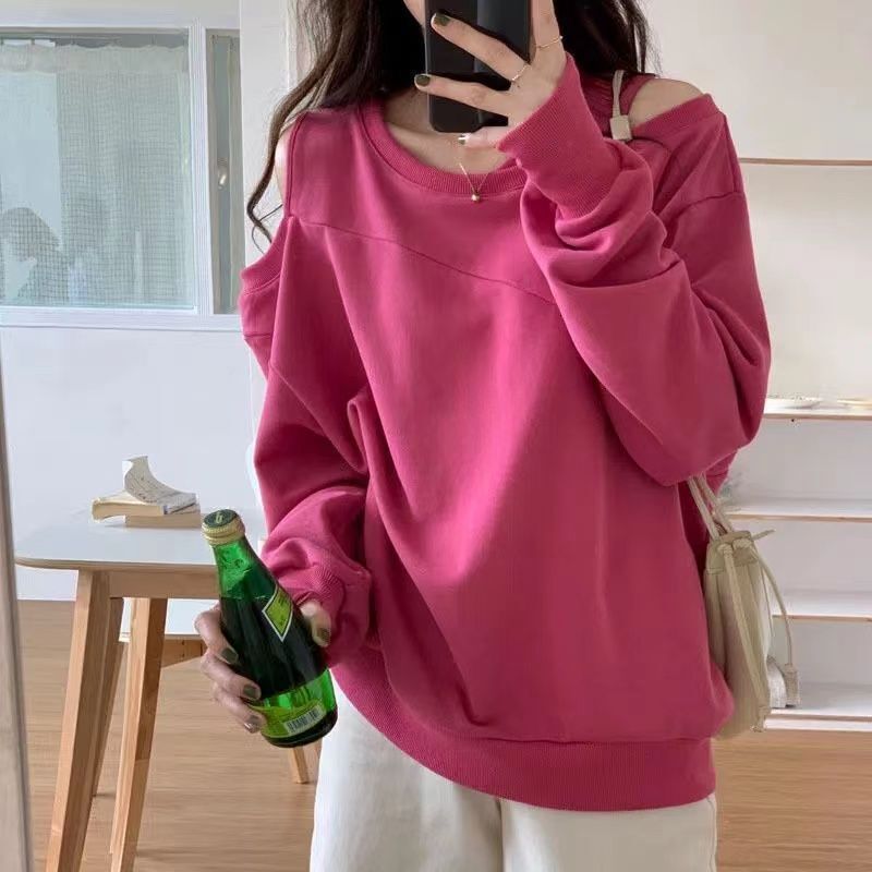 2024 early spring autumn rose red off shoulder hanging neck design top plus size women's clothing new fat mm hoodie for women