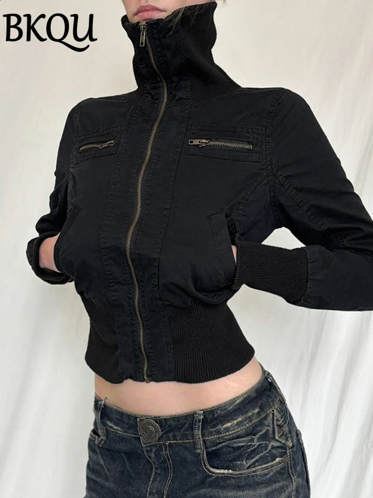 BKQU Autumn Cropped Jackets Women Vintage Slim Stand Collar Zipper Short Coat Y2K Streetwear Long Sleeve Sweatshirts Outerwear 240807