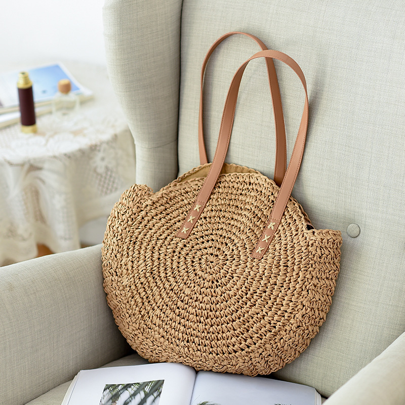 Yogodlns Women Large Capacity Round Straw Shoulder Bag Fashion Tassel Beach Handmade Weave Handbag Summer